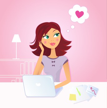Happy woman daydreaming about love in office